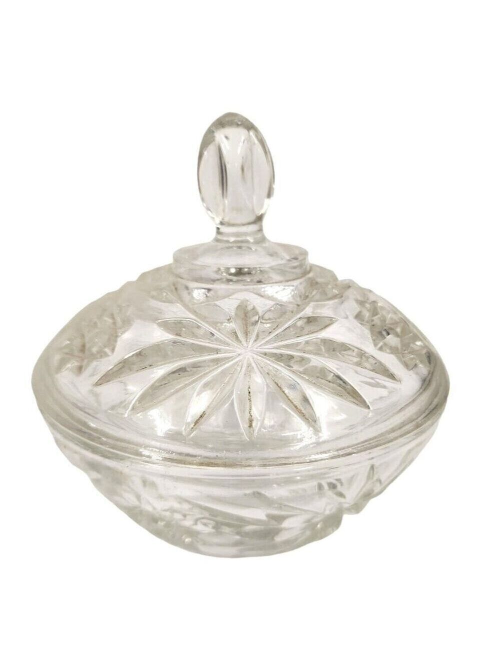 Anchor Hocking American Starburst Cut Glass Covered Candy Dish 1970's 5"x5"